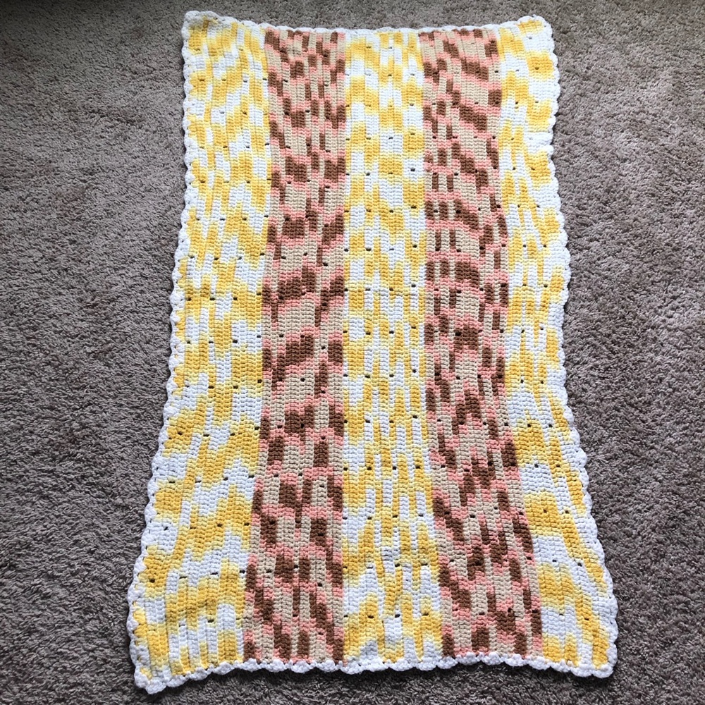vintage 1980s white, yellow, brown, pink and tan afghan crochet baby blanket